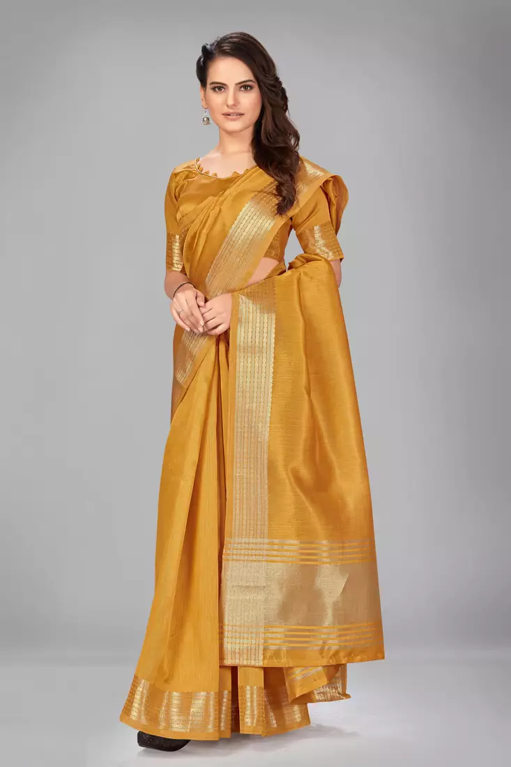 Mustard plain silk saree with blouse