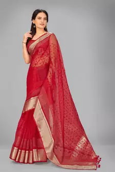 Red woven silk saree with blouse