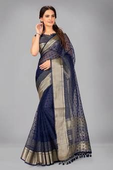 Dark blue woven silk saree with blouse