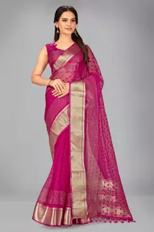 Pink woven silk saree with blouse