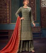 Olive embroidered pure georgette salwar