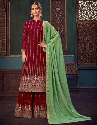 Red embroidered pure georgette salwar 1