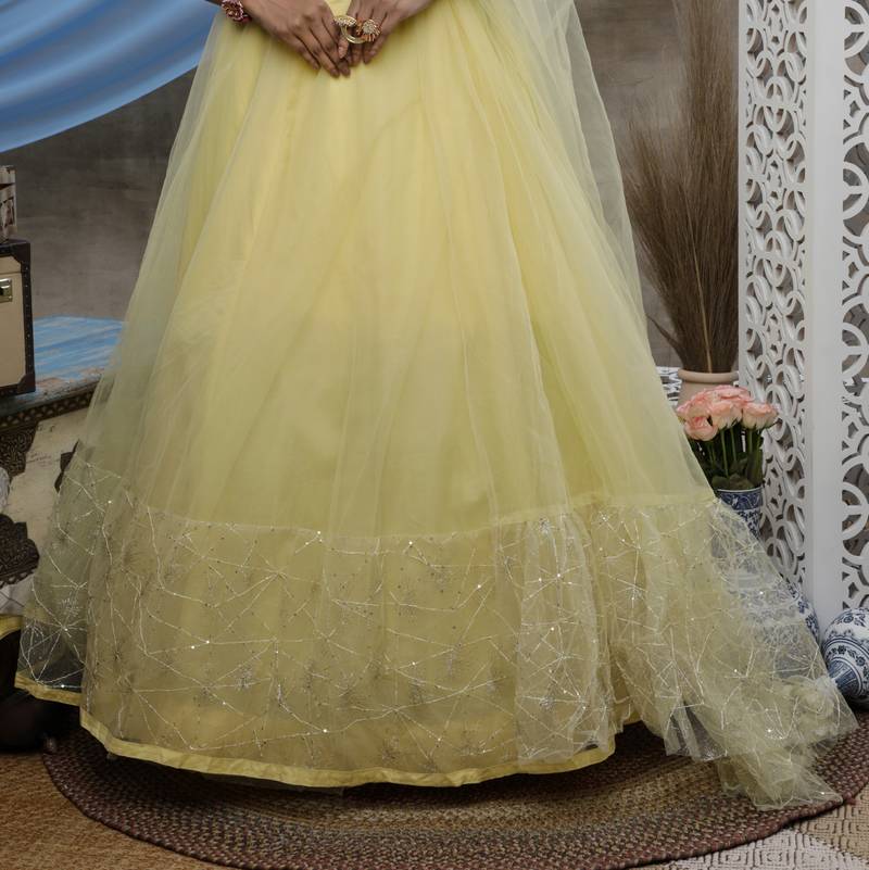 Yellow Thread and Sequins embroidered net Semi Stitched bridal lehenga
