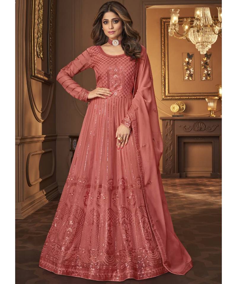 Shamita Shetty Deep Peach Lucknowi Embroidered Anarkali Suit