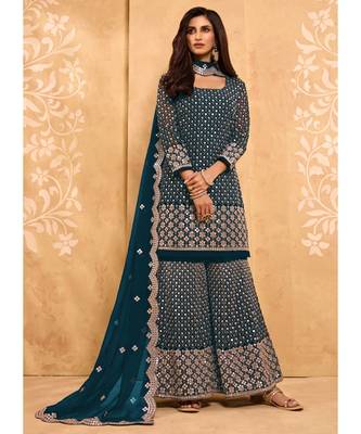 Dark Teal Georgette Pakistani Salwar Kameez 1