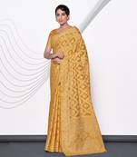 Lakhnavi work Yellow Cotton Silk Casual Saree