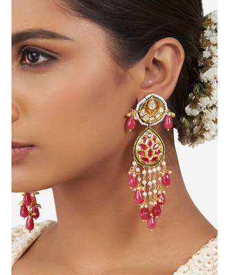 Gold & Red Immitation Kundan Polki Dangler Chandelier 1