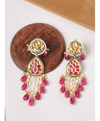 Gold & Red Immitation Kundan Polki Dangler Chandelier 3