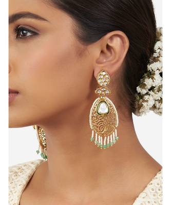 Gold & Green Cut-out Immitation Kundan Polki Dangler Chandelier 1