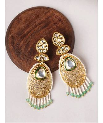 Gold & Green Cut-out Immitation Kundan Polki Dangler Chandelier 3