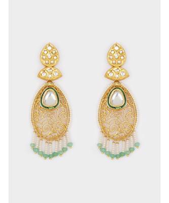 Gold & Green Cut-out Immitation Kundan Polki Dangler Chandelier 4
