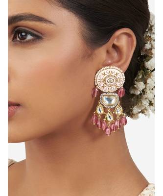 Gold & Pink Immitation Kundan Polki Dangler Chandelier 1