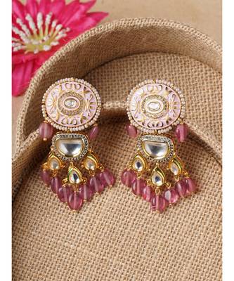 Gold & Pink Immitation Kundan Polki Dangler Chandelier 3