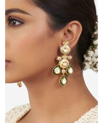 Gold & Green Immiation Kundan Polki Dangler Chandelier 1