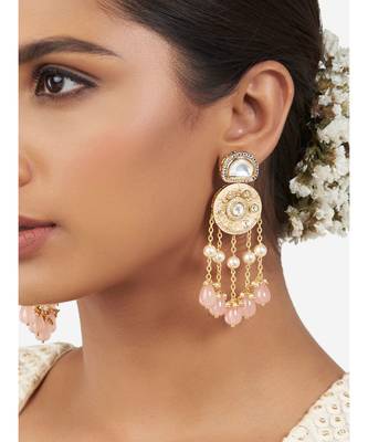 Gold & Pink Immitation Kundan Polki Dangler Chandelier 1