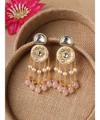 Gold & Pink Immitation Kundan Polki Dangler Chandelier 3