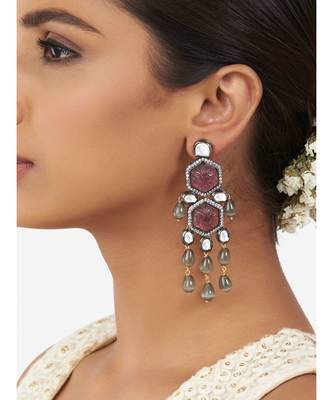 Gold and Red Carved Stone Immitation Kundan Polki Danglers 1
