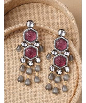 Gold and Red Carved Stone Immitation Kundan Polki Danglers 3