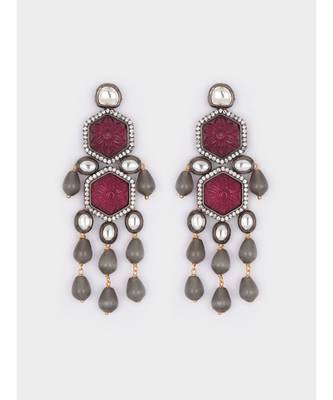 Gold and Red Carved Stone Immitation Kundan Polki Danglers 4