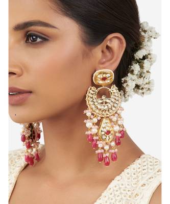 Gold & Red Immitation Kundan Polki Chandbali Chandelier 1