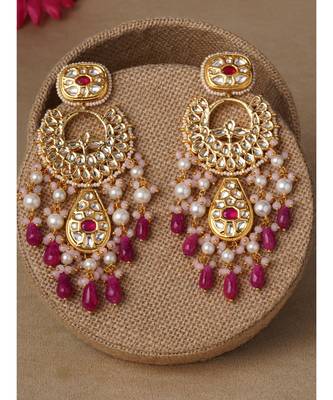 Gold & Red Immitation Kundan Polki Chandbali Chandelier 3