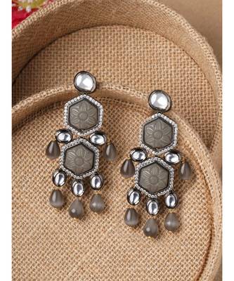 Gold and Grey Carved Stone Immitation Kundan Polki Danglers 3