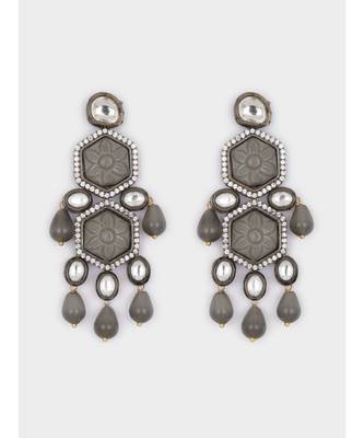 Gold and Grey Carved Stone Immitation Kundan Polki Danglers 4