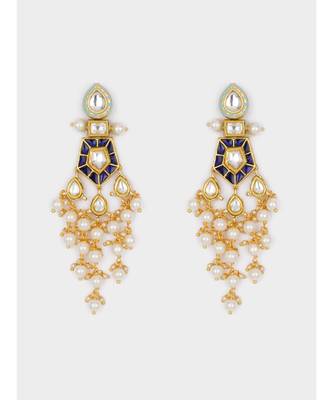 Gold, Blue & White Immitation Kundan Polki Dangler Chandelier 4