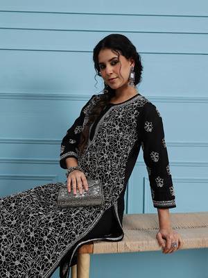 Hand Embroidered Black Cotton Lucknow Chikan Women Kurta 6