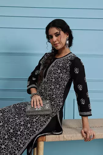 Hand Embroidered Black Cotton Lucknow Chikan Women Kurta