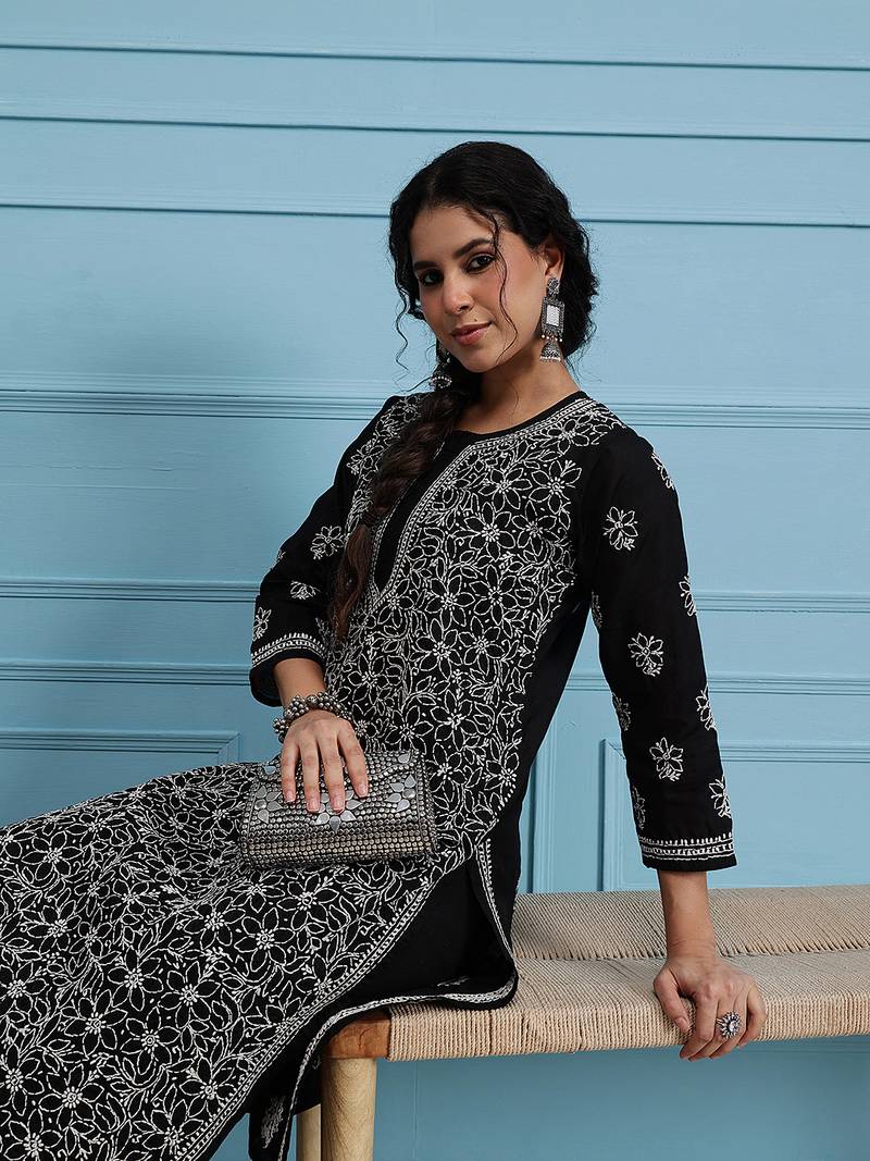 Hand Embroidered Black Cotton Lucknow Chikan Women Kurta