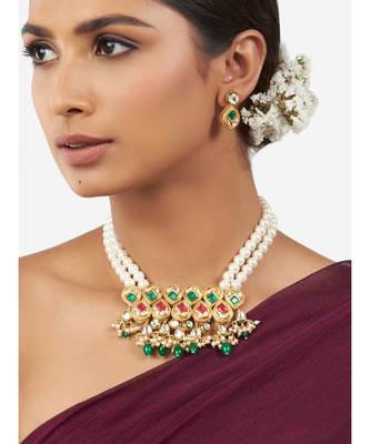 Multi-Color Shell Pearl Necklace with Hydro Polkis, Rubies and Emeralds 1