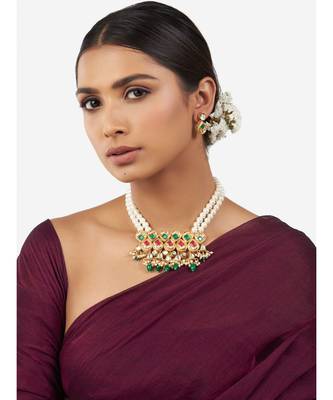 Multi-Color Shell Pearl Necklace with Hydro Polkis, Rubies and Emeralds 2