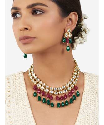 Multi-Color Kundan Polki Necklace Set with Hydro Rubies and Emerald Drops 1