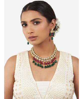 Multi-Color Kundan Polki Necklace Set with Hydro Rubies and Emerald Drops 2