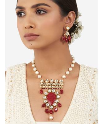 Multi-Color Shell Pearl Necklace Set with Hydro Polkis, Red Onyx Carvings and Drops 1
