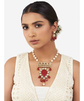 Multi-Color Shell Pearl Necklace Set with Hydro Polkis, Red Onyx Carvings and Drops 2