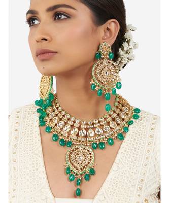 Gold and Green Onyx Beaded Necklace Set with Hydro Polkis 1