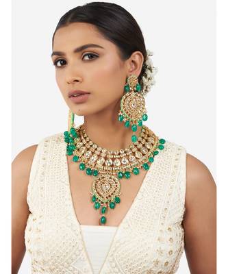 Gold and Green Onyx Beaded Necklace Set with Hydro Polkis 2