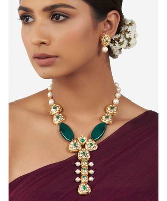 Multi-Color Shell Pearl Necklace Set with Green Agate Beads and Hydro Polkis 1