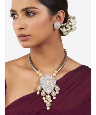Multi-Color Brass Hasli Necklace Set with Shell Pearls and Hydro Polkis 1