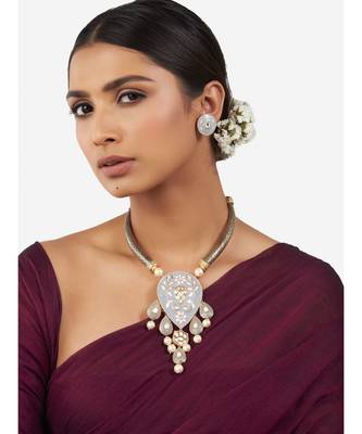Multi-Color Brass Hasli Necklace Set with Shell Pearls and Hydro Polkis 2
