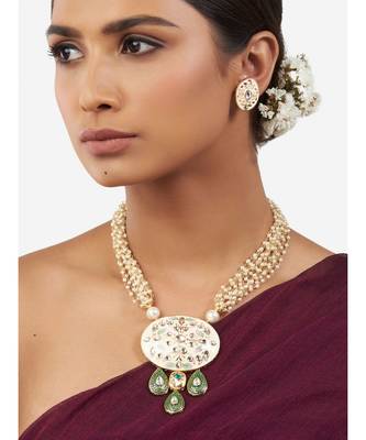 Multi-Color Shell Pearl Necklace Set with Enamel and Hydro Polkis 1