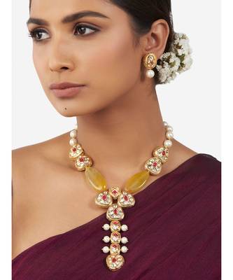 Multi-Color Shell Pearl Necklace Set with Yellow Agate Stones and Hydro Polkis 1