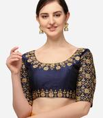 Mesmore Women's Navyblue Art Silk Stitching Round Neck Blouse
