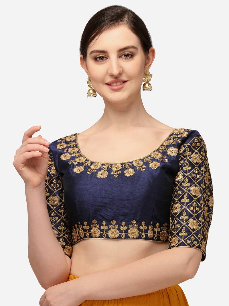 Mesmore Women's Navyblue Art Silk Stitching Round Neck Blouse