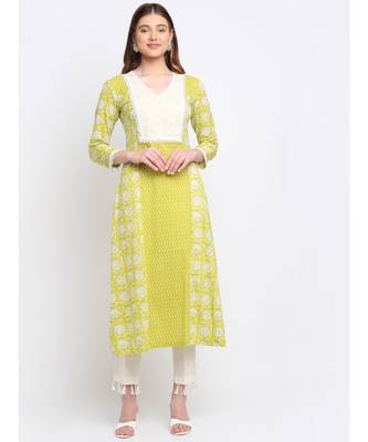 Lime Green Floral Printed Panel Kurti with Tassel Pants 1