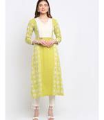 Lime Green Floral Printed Panel Kurti with Tassel Pants