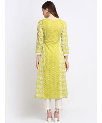 Lime Green Floral Printed Panel Kurti with Tassel Pants 2