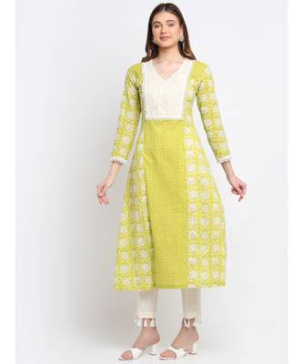 Lime Green Floral Printed Panel Kurti with Tassel Pants 3